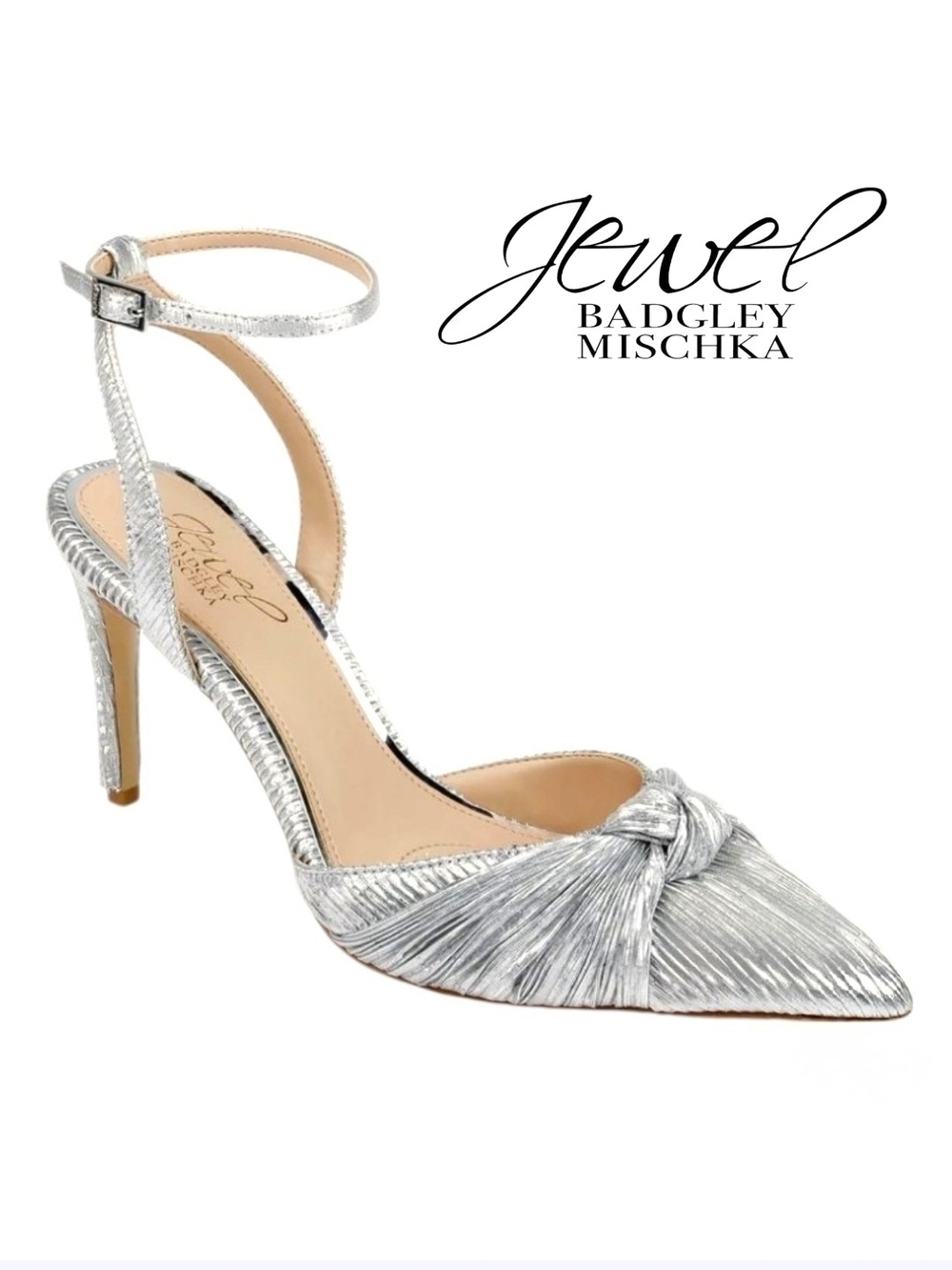 Jewel Badgley Mischka Size 9 Silver Knotted Pointed-Toe Ankle-Strap Stilleto NWT